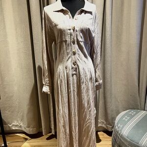 Free People Button Front Striped Midi Shirt Dress Khaki Combo Size M